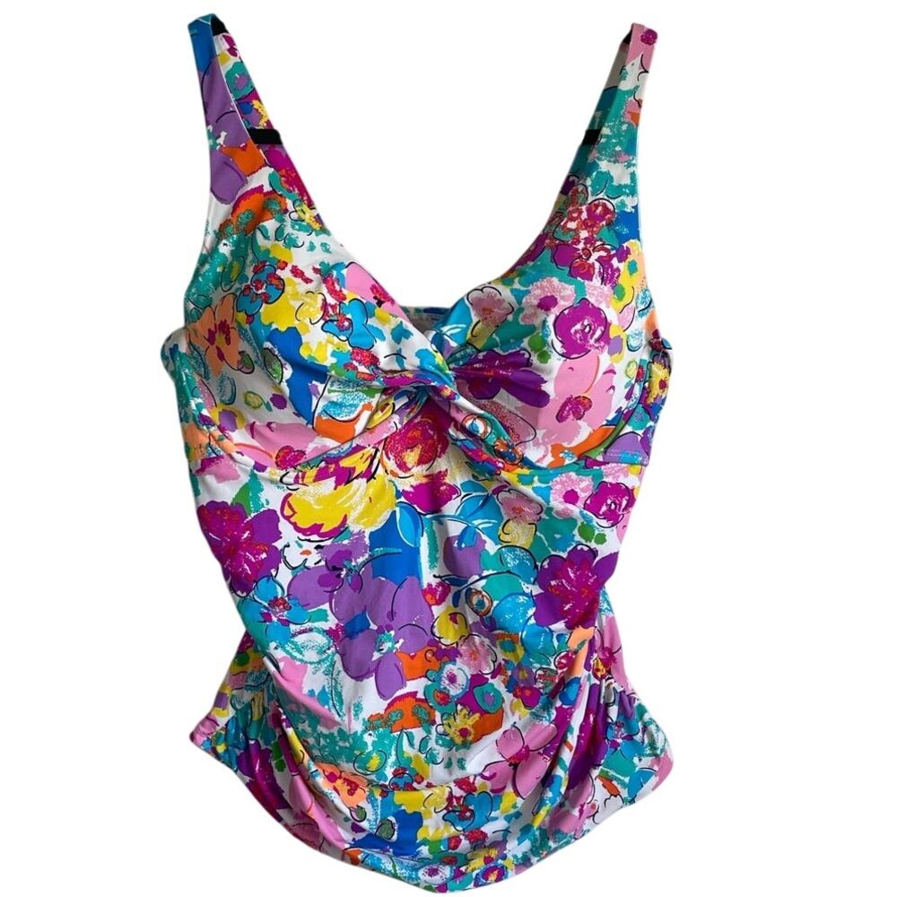 Anne Cole This Buds For You Tankini Swim Top Sz 16W Floral Colorful Twist Front